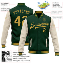Load image into Gallery viewer, Custom Green Old Gold-Cream Bomber Full-Snap Varsity Letterman Two Tone Jacket
