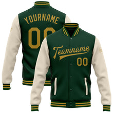 Load image into Gallery viewer, Custom Green Old Gold-Cream Bomber Full-Snap Varsity Letterman Two Tone Jacket

