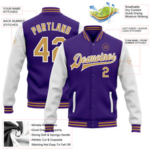 Laden Sie das Bild in den Galerie-Viewer, Custom Purple Old Gold-White Bomber Full-Snap Varsity Letterman Two Tone Jacket

