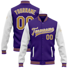 Laden Sie das Bild in den Galerie-Viewer, Custom Purple Old Gold-White Bomber Full-Snap Varsity Letterman Two Tone Jacket
