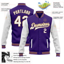 Laden Sie das Bild in den Galerie-Viewer, Custom Purple White-Old Gold Bomber Full-Snap Varsity Letterman Two Tone Jacket
