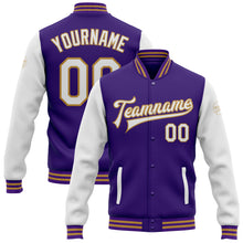 Laden Sie das Bild in den Galerie-Viewer, Custom Purple White-Old Gold Bomber Full-Snap Varsity Letterman Two Tone Jacket
