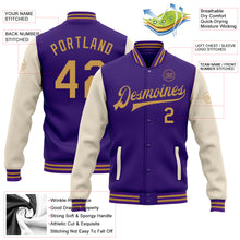 Laden Sie das Bild in den Galerie-Viewer, Custom Purple Old Gold-Cream Bomber Full-Snap Varsity Letterman Two Tone Jacket
