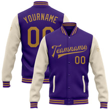 Laden Sie das Bild in den Galerie-Viewer, Custom Purple Old Gold-Cream Bomber Full-Snap Varsity Letterman Two Tone Jacket
