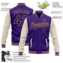 Laden Sie das Bild in den Galerie-Viewer, Custom Purple Cream-Old Gold Bomber Full-Snap Varsity Letterman Two Tone Jacket
