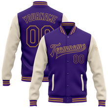 Laden Sie das Bild in den Galerie-Viewer, Custom Purple Cream-Old Gold Bomber Full-Snap Varsity Letterman Two Tone Jacket
