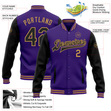 Laden Sie das Bild in den Galerie-Viewer, Custom Purple Black-Old Gold Bomber Full-Snap Varsity Letterman Two Tone Jacket

