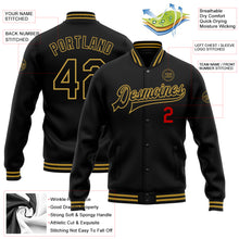 Laden Sie das Bild in den Galerie-Viewer, Custom Black Old Gold-Red Bomber Full-Snap Varsity Letterman Jacket
