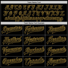 Laden Sie das Bild in den Galerie-Viewer, Custom Black Old Gold-Red Bomber Full-Snap Varsity Letterman Jacket
