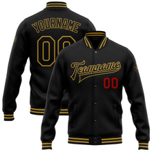 Laden Sie das Bild in den Galerie-Viewer, Custom Black Old Gold-Red Bomber Full-Snap Varsity Letterman Jacket
