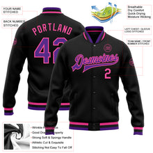 Laden Sie das Bild in den Galerie-Viewer, Custom Black Purple-Pink Bomber Full-Snap Varsity Letterman Jacket
