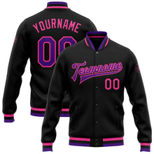 Laden Sie das Bild in den Galerie-Viewer, Custom Black Purple-Pink Bomber Full-Snap Varsity Letterman Jacket
