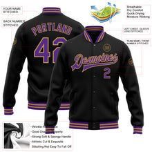 Laden Sie das Bild in den Galerie-Viewer, Custom Black Purple-Old Gold Bomber Full-Snap Varsity Letterman Jacket
