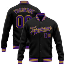Laden Sie das Bild in den Galerie-Viewer, Custom Black Purple-Old Gold Bomber Full-Snap Varsity Letterman Jacket
