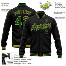 Laden Sie das Bild in den Galerie-Viewer, Custom Black Green-Old Gold Bomber Full-Snap Varsity Letterman Jacket
