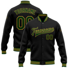 Laden Sie das Bild in den Galerie-Viewer, Custom Black Green-Old Gold Bomber Full-Snap Varsity Letterman Jacket
