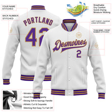 Laden Sie das Bild in den Galerie-Viewer, Custom White Purple-Old Gold Bomber Full-Snap Varsity Letterman Jacket
