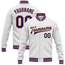 Laden Sie das Bild in den Galerie-Viewer, Custom White Purple-Old Gold Bomber Full-Snap Varsity Letterman Jacket
