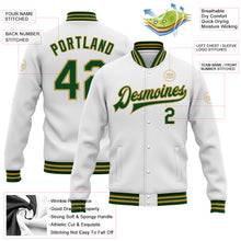 Laden Sie das Bild in den Galerie-Viewer, Custom White Green-Old Gold Bomber Full-Snap Varsity Letterman Jacket
