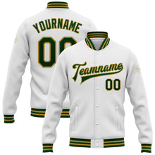 Laden Sie das Bild in den Galerie-Viewer, Custom White Green-Old Gold Bomber Full-Snap Varsity Letterman Jacket
