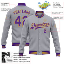 Laden Sie das Bild in den Galerie-Viewer, Custom Gray Purple-Old Gold Bomber Full-Snap Varsity Letterman Jacket

