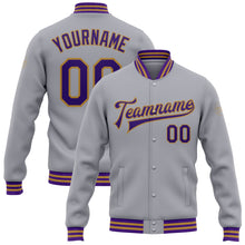 Laden Sie das Bild in den Galerie-Viewer, Custom Gray Purple-Old Gold Bomber Full-Snap Varsity Letterman Jacket
