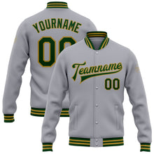 Laden Sie das Bild in den Galerie-Viewer, Custom Gray Green-Old Gold Bomber Full-Snap Varsity Letterman Jacket
