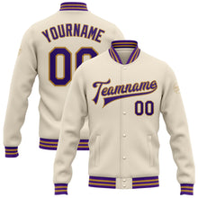 Laden Sie das Bild in den Galerie-Viewer, Custom Cream Purple-Old Gold Bomber Full-Snap Varsity Letterman Jacket
