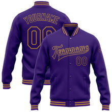Laden Sie das Bild in den Galerie-Viewer, Custom Purple Old Gold Bomber Full-Snap Varsity Letterman Jacket

