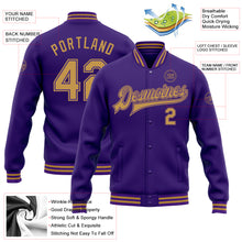 Laden Sie das Bild in den Galerie-Viewer, Custom Purple Old Gold Bomber Full-Snap Varsity Letterman Jacket
