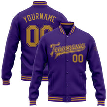 Laden Sie das Bild in den Galerie-Viewer, Custom Purple Old Gold Bomber Full-Snap Varsity Letterman Jacket
