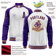 Загрузить изображение в средство просмотра галереи, Custom White Purple-Old Gold Bomber Varsity Letterman Two Tone Zipper Jacket

