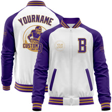 Загрузить изображение в средство просмотра галереи, Custom White Purple-Old Gold Bomber Varsity Letterman Two Tone Zipper Jacket
