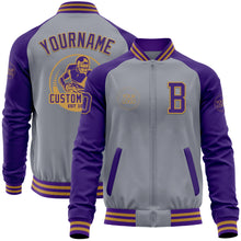 Charger l&#39;image dans la galerie, Custom Gray Purple-Old Gold Bomber Varsity Letterman Two Tone Zipper Jacket
