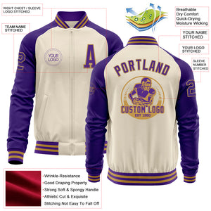 Custom Cream Purple-Old Gold Bomber Varsity Letterman Two Tone Zipper Jacket