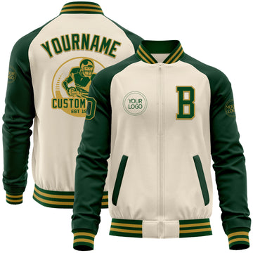 Custom Cream Green-Old Gold Bomber Varsity Letterman Two Tone Zipper Jacket