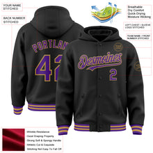 Laden Sie das Bild in den Galerie-Viewer, Custom Black Purple-Old Gold Bomber Full-Snap Varsity Letterman Hoodie Jacket
