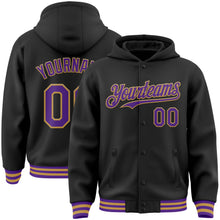 Laden Sie das Bild in den Galerie-Viewer, Custom Black Purple-Old Gold Bomber Full-Snap Varsity Letterman Hoodie Jacket
