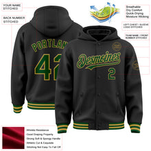 Laden Sie das Bild in den Galerie-Viewer, Custom Black Green-Old Gold Bomber Full-Snap Varsity Letterman Hoodie Jacket

