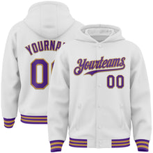 Загрузить изображение в средство просмотра галереи, Custom White Purple-Old Gold Bomber Full-Snap Varsity Letterman Hoodie Jacket
