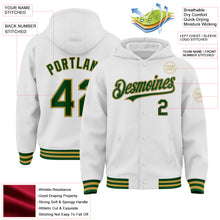 Загрузить изображение в средство просмотра галереи, Custom White Green-Old Gold Bomber Full-Snap Varsity Letterman Hoodie Jacket
