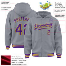 Laden Sie das Bild in den Galerie-Viewer, Custom Gray Purple-Old Gold Bomber Full-Snap Varsity Letterman Hoodie Jacket
