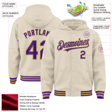 Charger l&#39;image dans la galerie, Custom Cream Purple-Old Gold Bomber Full-Snap Varsity Letterman Hoodie Jacket
