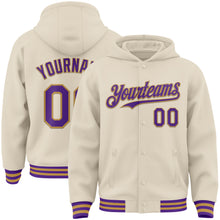 Charger l&#39;image dans la galerie, Custom Cream Purple-Old Gold Bomber Full-Snap Varsity Letterman Hoodie Jacket
