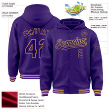 Загрузить изображение в средство просмотра галереи, Custom Purple Old Gold Bomber Full-Snap Varsity Letterman Hoodie Jacket
