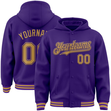 Custom Purple Old Gold Bomber Full-Snap Varsity Letterman Hoodie Jacket