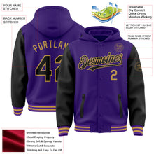 Загрузить изображение в средство просмотра галереи, Custom Purple Black-Old Gold Bomber Full-Snap Varsity Letterman Two Tone Hoodie Jacket
