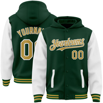 Custom Green Old Gold-White Bomber Full-Snap Varsity Letterman Two Tone Hoodie Jacket