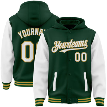 Custom Green White-Old Gold Bomber Full-Snap Varsity Letterman Two Tone Hoodie Jacket