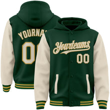 Загрузить изображение в средство просмотра галереи, Custom Green Cream-Old Gold Bomber Full-Snap Varsity Letterman Two Tone Hoodie Jacket
